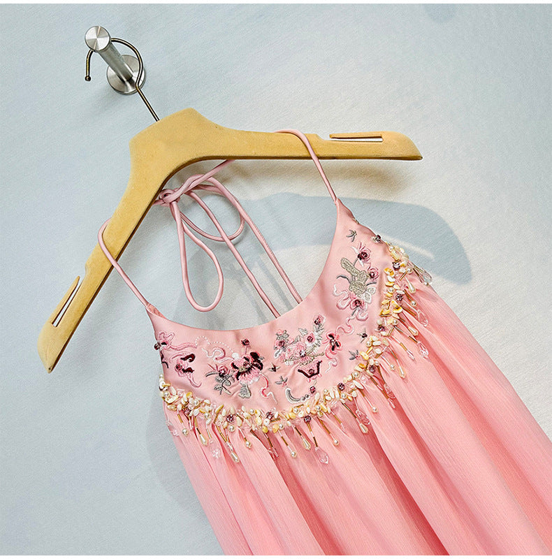 Suspender Dress, Sexy Backless Pink Dress with Embroidered Beads for Travel, Spring Summer