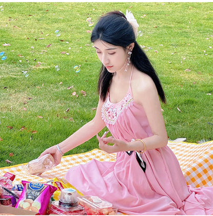 Suspender Dress, Sexy Backless Pink Dress with Embroidered Beads for Travel, Spring Summer