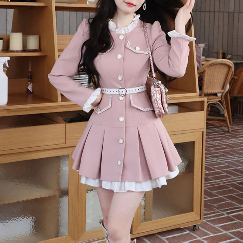 Mini Dress Kawaii Lolita Style Patchwork Pleated Design With Belt Elegant Party Bodycon Dress For W 1