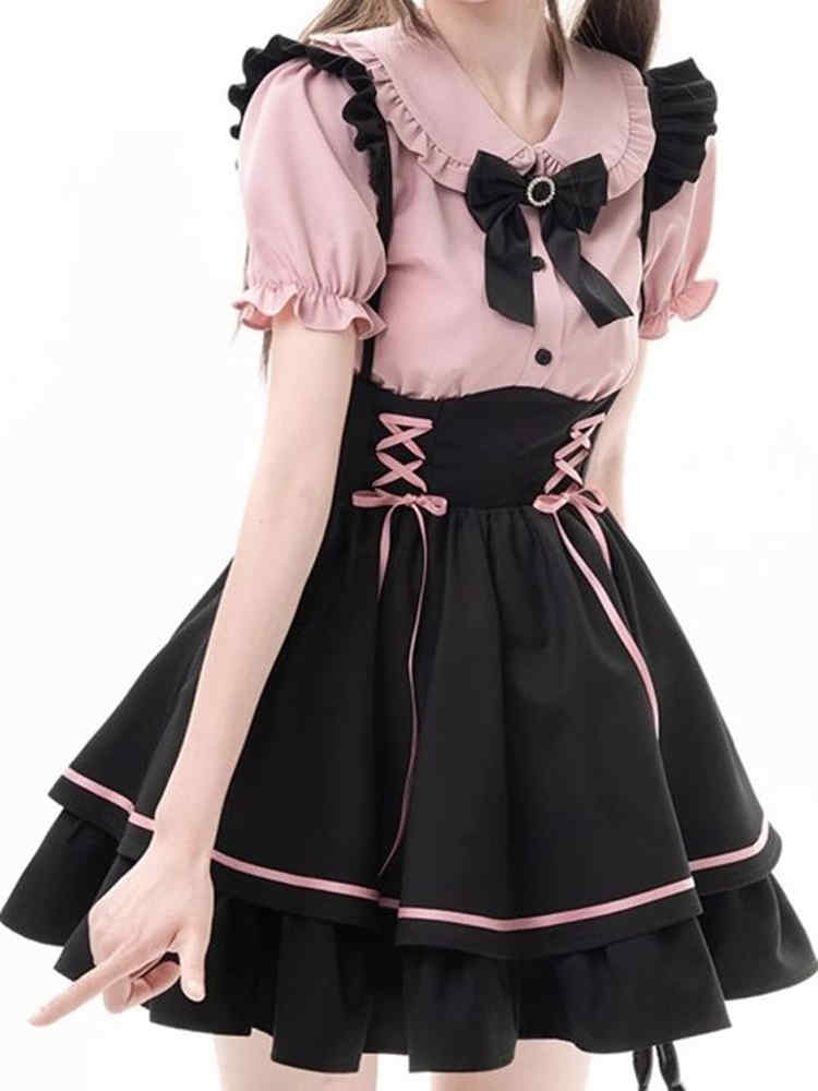 Sweet Lolita Dress Set, Womens Two Piece Set with Bib Overalls and A-Line Skirt, Cute School Princess Style
