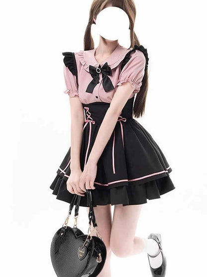 Sweet Lolita Dress Set, Womens Two Piece Set with Bib Overalls and A-Line Skirt, Cute School Princess Style