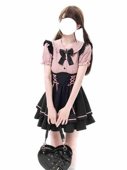 Sweet Lolita Dress Set, Womens Two Piece Set with Bib Overalls and A-Line Skirt, Cute School Princess Style