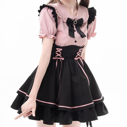 Sweet Lolita Dress Set, Womens Two Piece Set with Bib Overalls and A-Line Skirt, Cute School Princess Style