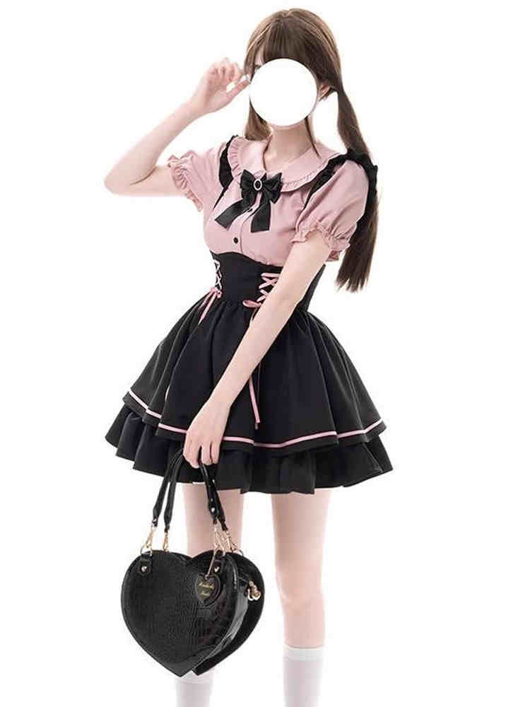 Sweet Lolita Dress Set, Womens Two Piece Set with Bib Overalls and A-Line Skirt, Cute School Princess Style