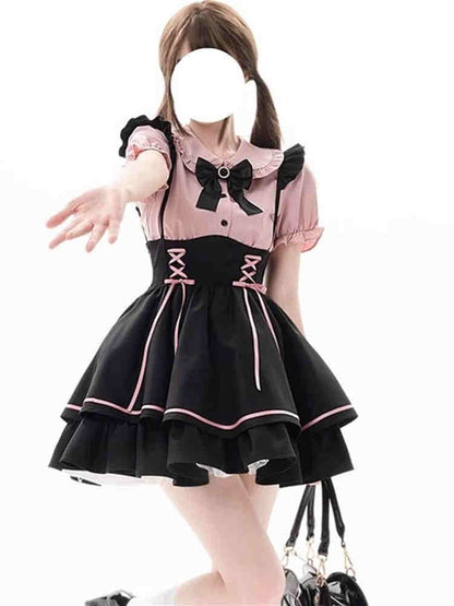 Sweet Lolita Dress Set, Womens Two Piece Set with Bib Overalls and A-Line Skirt, Cute School Princess Style