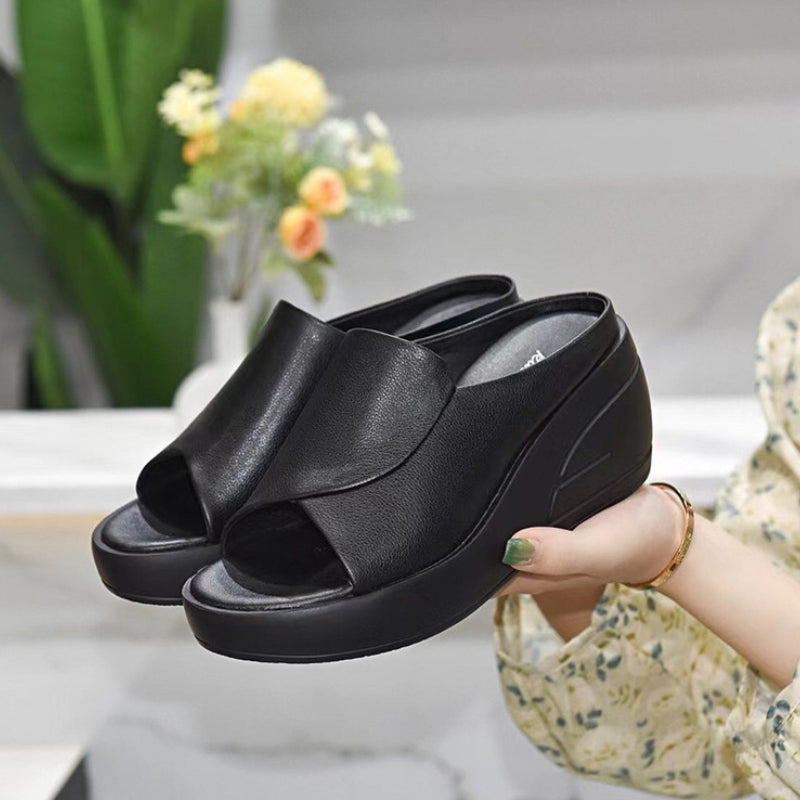 Women Slippers Black Wedge Platform Open Toe Sandals Orthopedic Thick Bottom Beach Slides High Heel 2