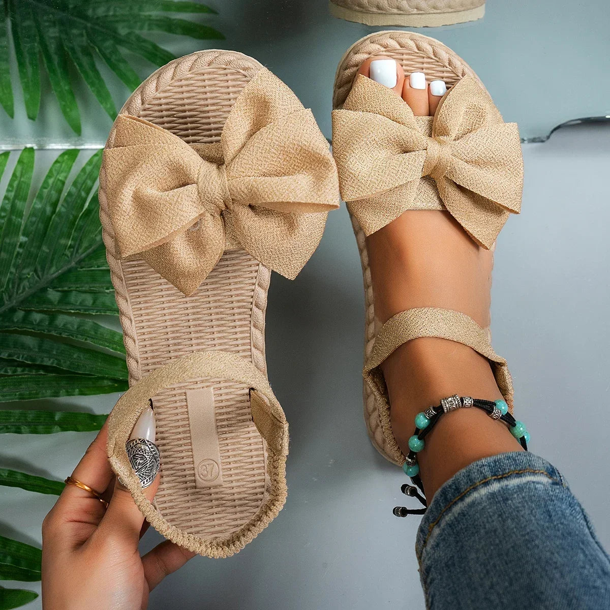 Women Antislip Trend Sandals Lightweight Summer Fashion Sandals Beach Casual Slippers Outdoor Bow T 6