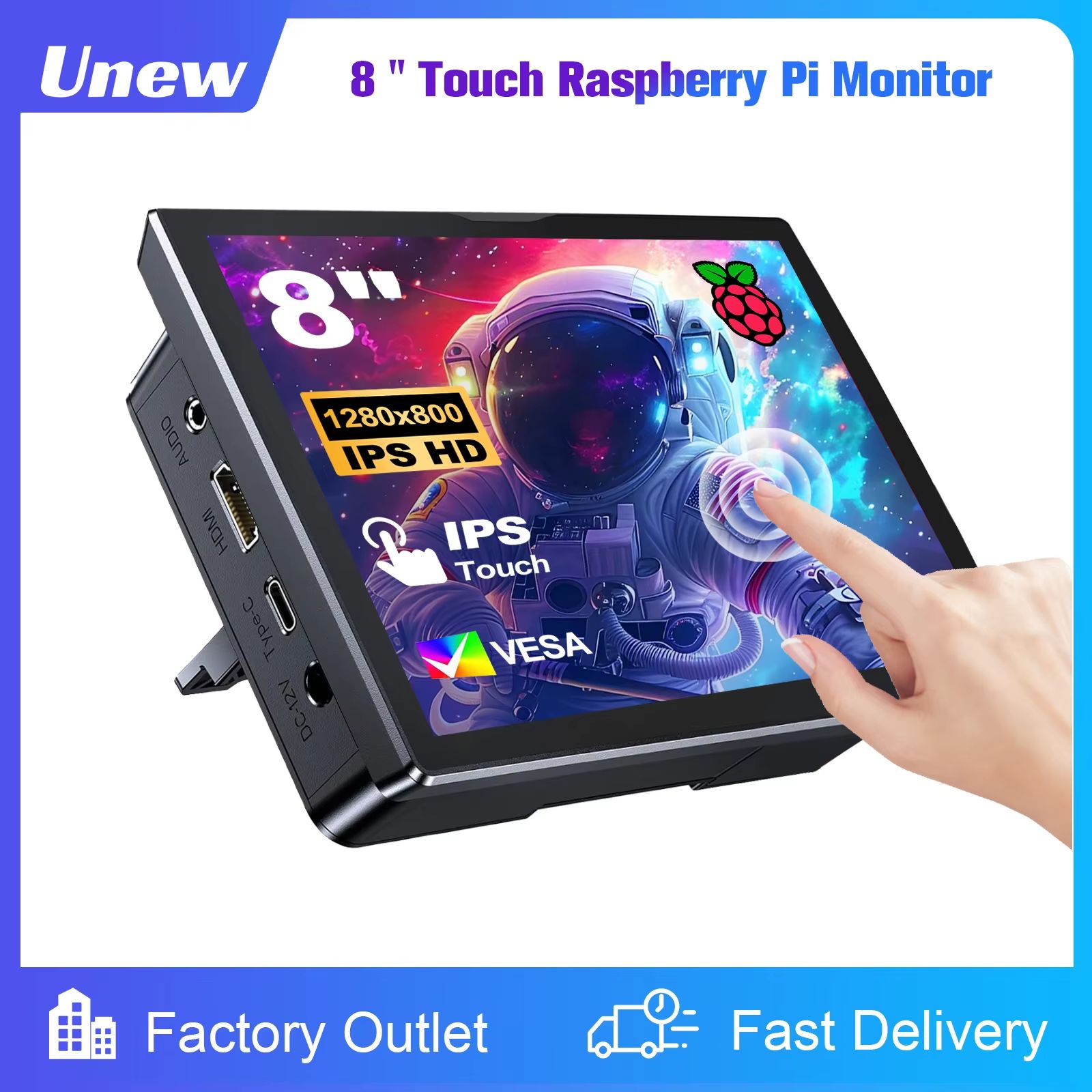 8-Inch Raspberry Pi 5/4 Touchscreen Monitor – 1280x800 LCD with Built-in Fans & Speaker