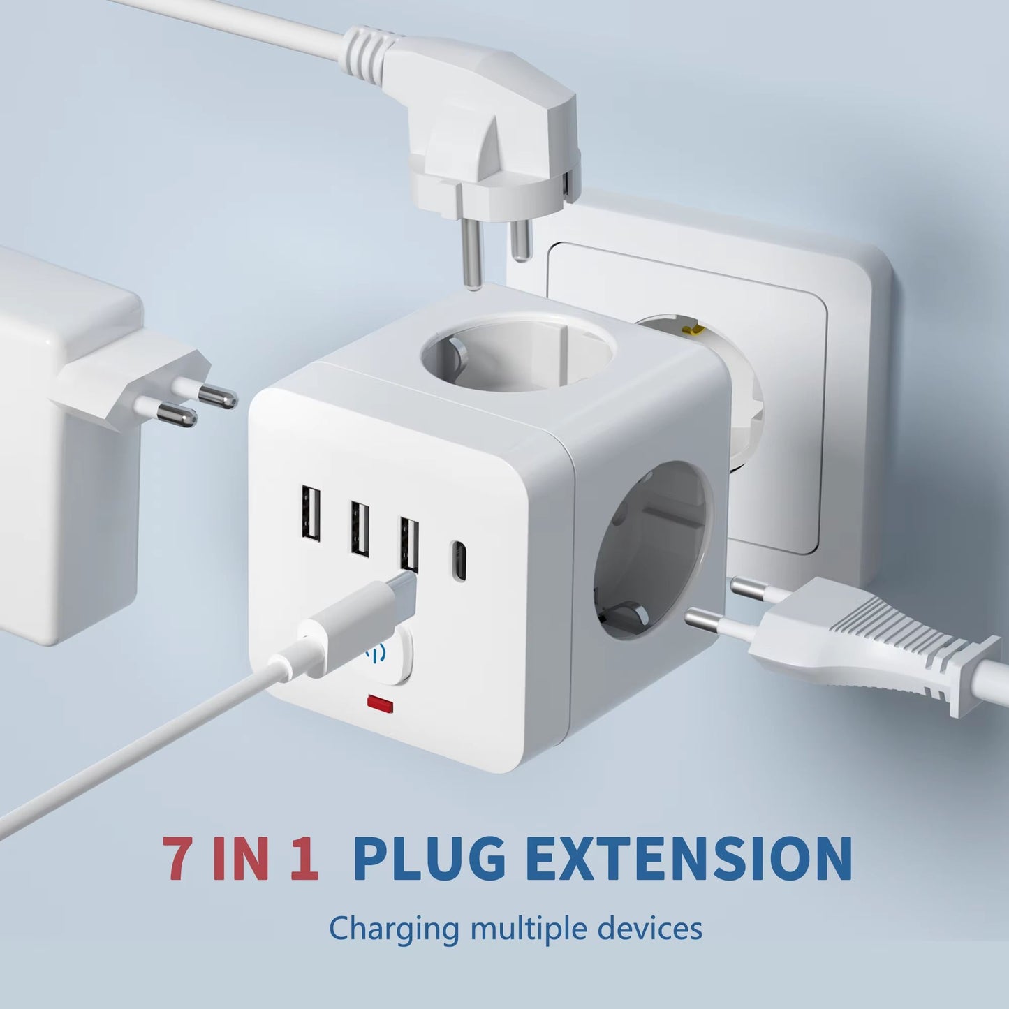 7-in-1 EU Power Strip Surge Protector – 3 AC Outlets, 3 USB Ports & 1 Type-C Charging Station with Overload Protection