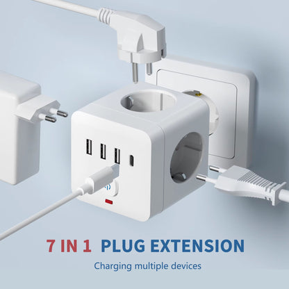7-in-1 EU Power Strip Surge Protector – 3 AC Outlets, 3 USB Ports & 1 Type-C Charging Station with Overload Protection