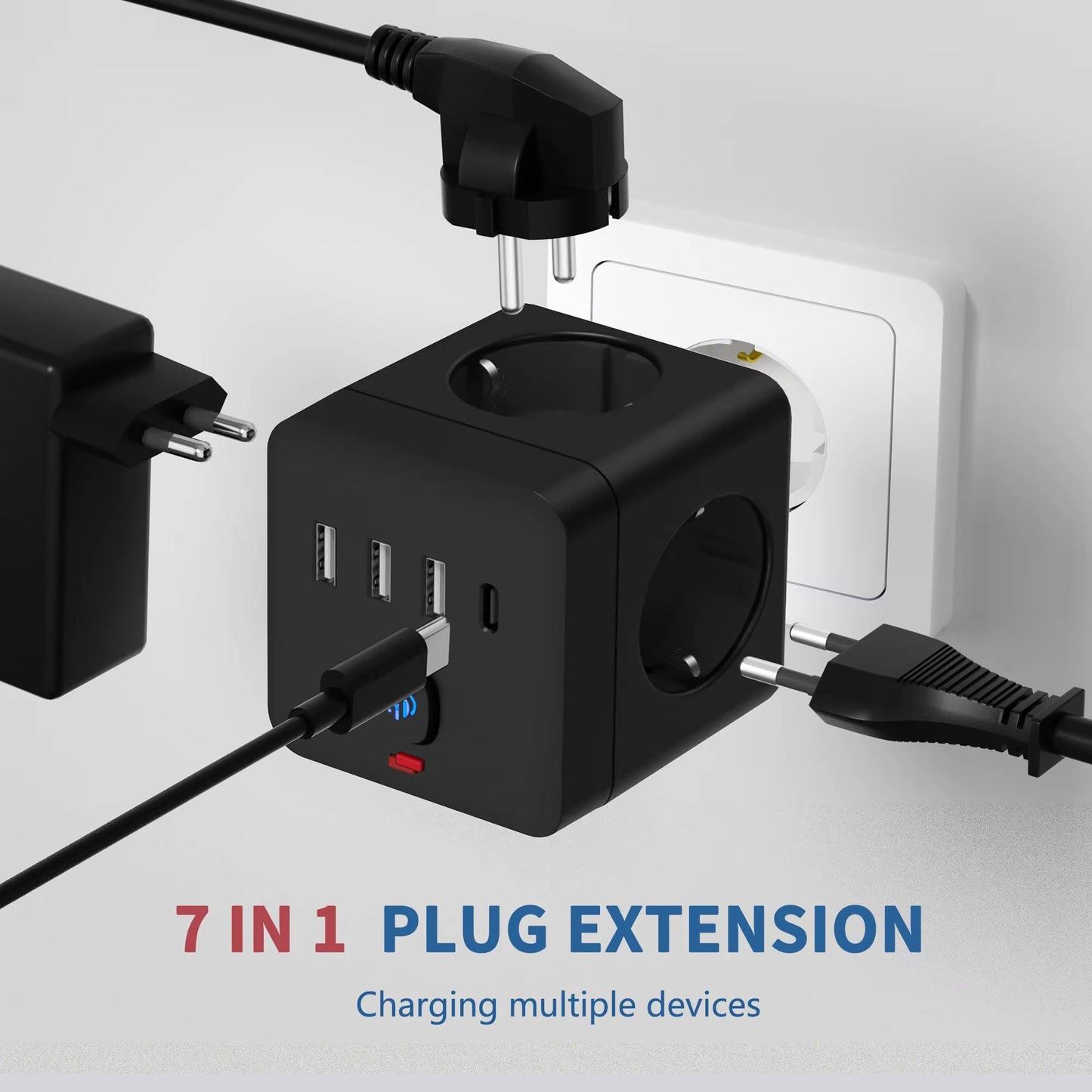 7in1 EU Power Strip Surge Protector  3 AC Outlets 3 USB Ports  1 TypeC Charging Station With Overlo 1