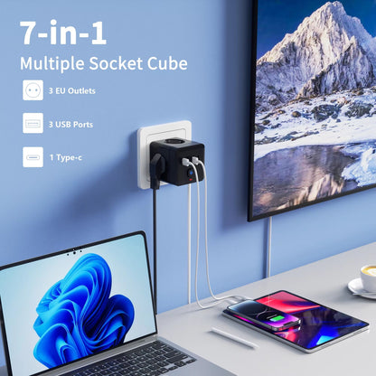 7in1 EU Power Strip Surge Protector  3 AC Outlets 3 USB Ports  1 TypeC Charging Station With Overlo 3
