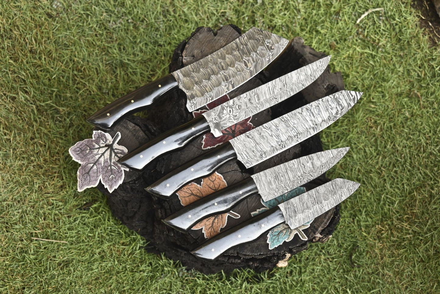 Outdoor Bushcraft Chef Knife Set  5 Forged Twist Damascus Hardwood Knives 2