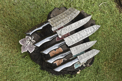 Outdoor Bushcraft Chef Knife Set  5 Forged Twist Damascus Hardwood Knives 2