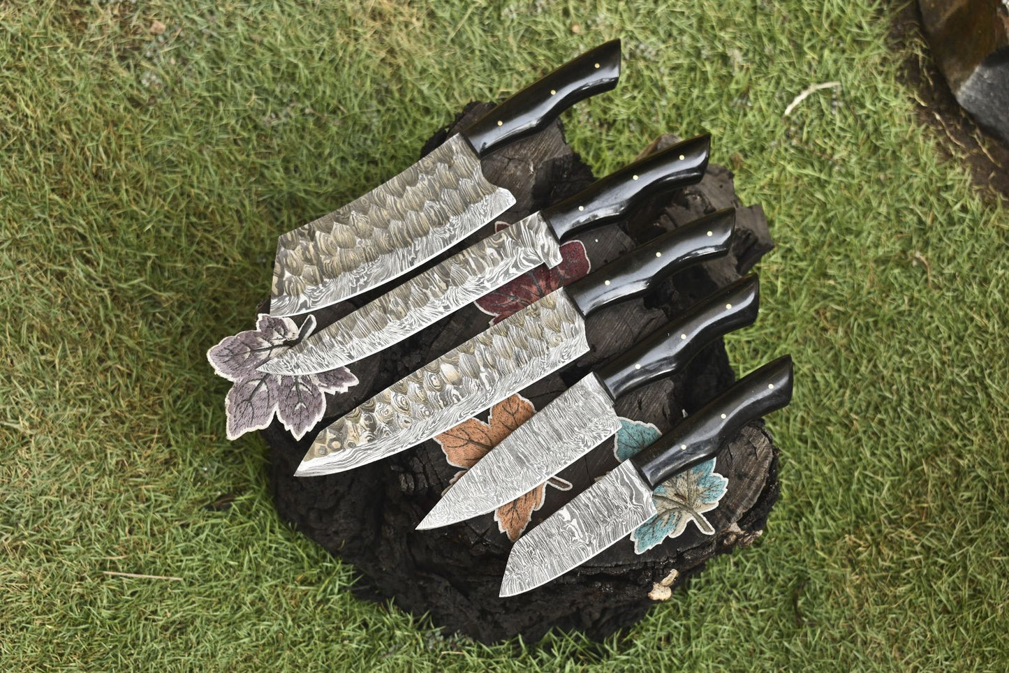 Outdoor Bushcraft Chef Knife Set | 5 Forged Twist Damascus Hardwood Knives