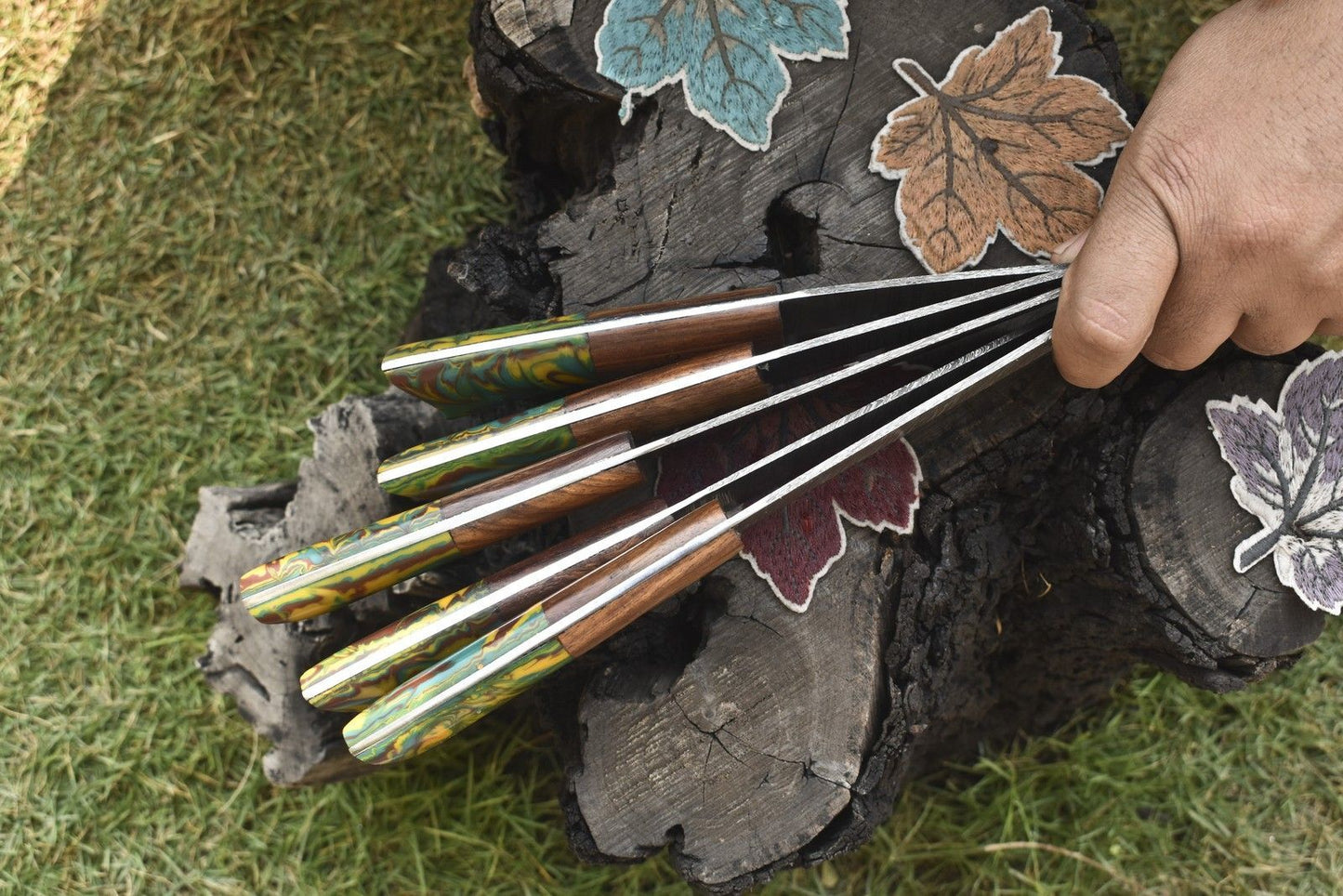 Hand Forged Twist Damascus Steel Chef Knife Set  5Piece Hardwood Handle Lot 1
