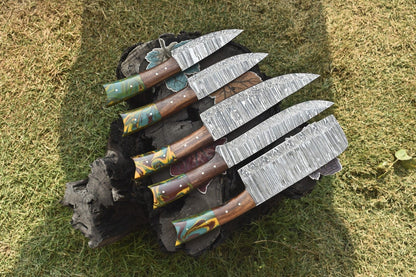Hand Forged Twist Damascus Steel Chef Knife Set  5Piece Hardwood Handle Lot 2