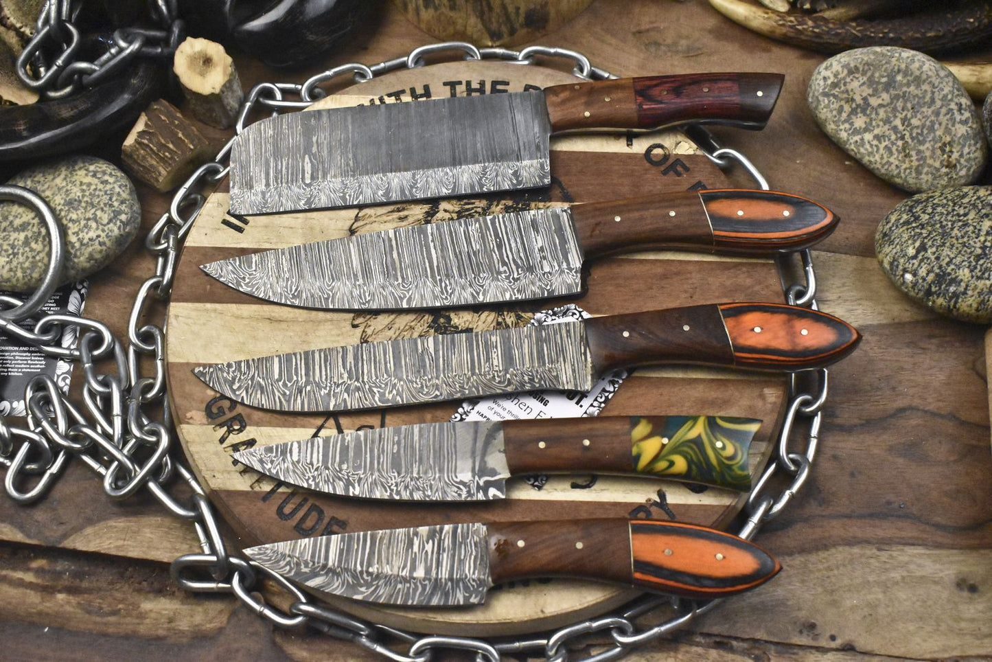 5-Piece Twist Damascus Steel Knife Set | Full Tang Chef & Camping Blades
