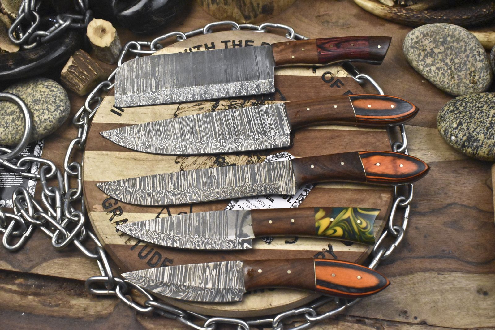 5-Piece Twist Damascus Steel Knife Set | Full Tang Chef & Camping Blades