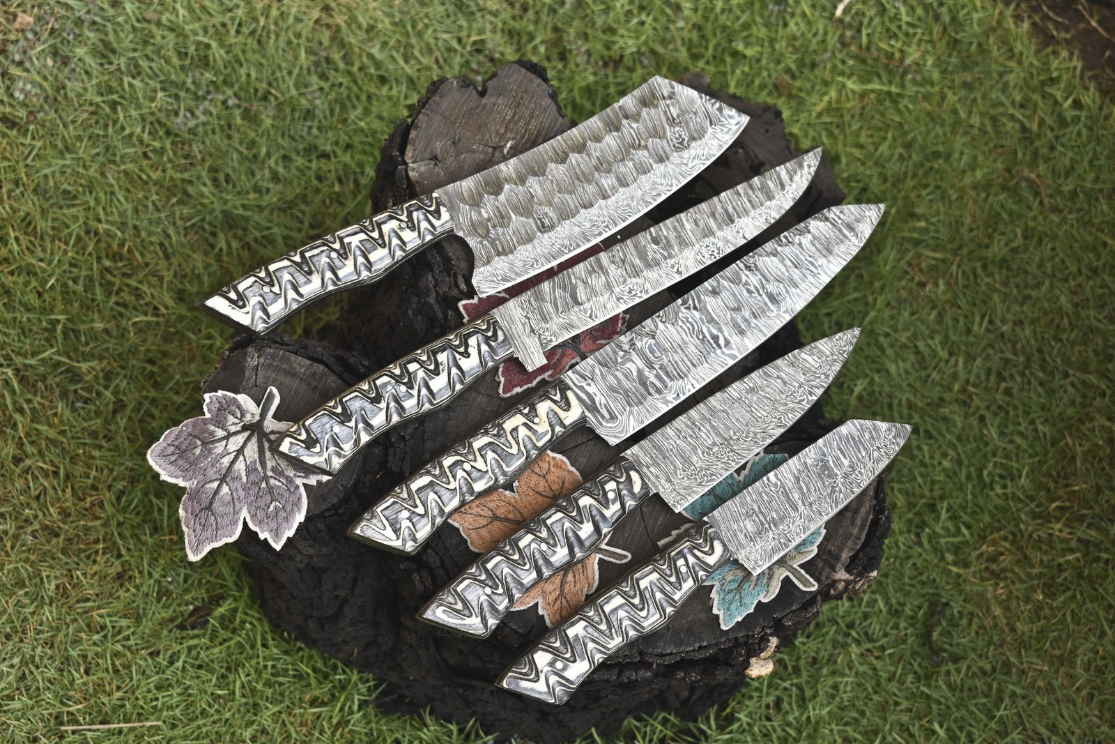 Lot Of 5 Custom Twist Damascus Steel Knives  Full Tang Hardwood Chef Set 2