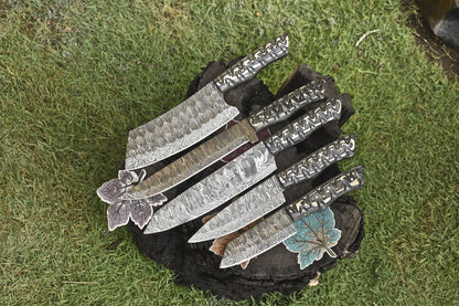 Lot of 5 Custom Twist Damascus Steel Knives | Full Tang Hardwood Chef Set