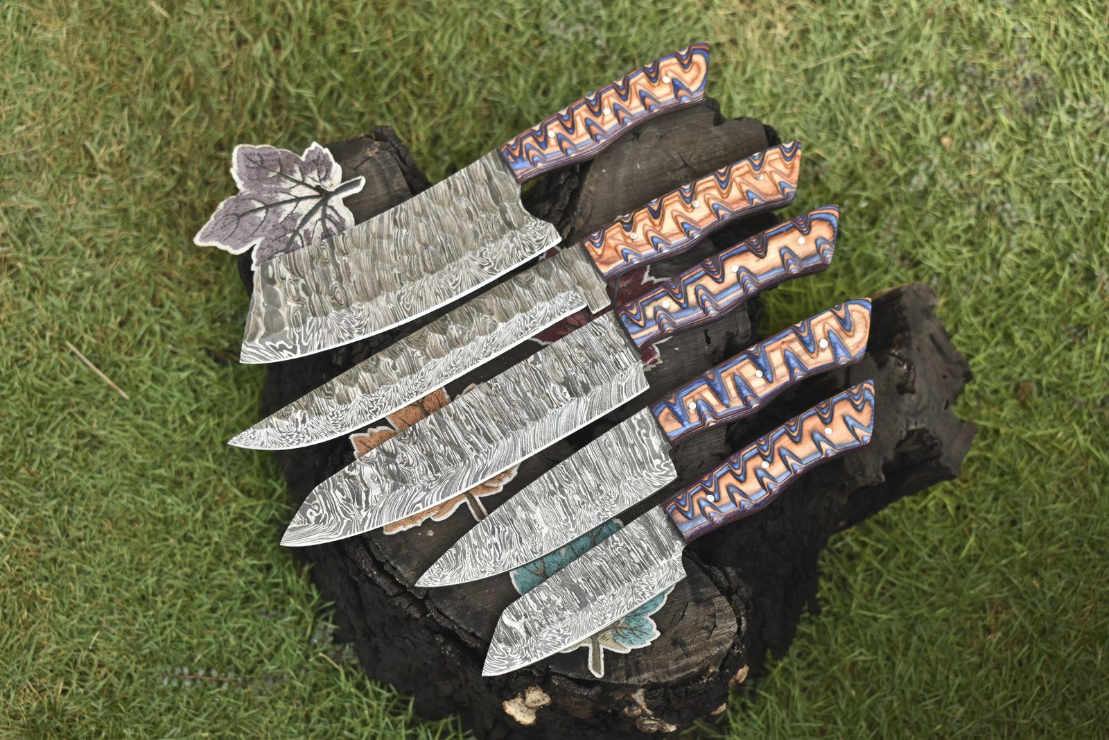 Custom Twist Damascus Chef Knife Set | Lot of 5 Handmade Hardwood Handle EDC Collectibles