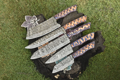 Custom Twist Damascus Chef Knife Set | Lot of 5 Handmade Hardwood Handle EDC Collectibles