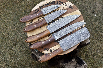 Custom Forged Damascus Twist Steel Knives  Set Of 5 Hardwood Handle Chef Tools 1