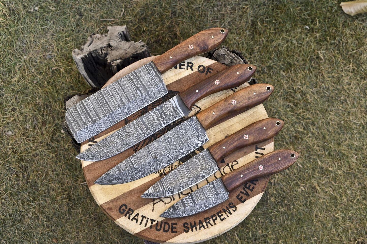 Custom Forged Damascus Twist Steel Knives | Set of 5 Hardwood Handle Chef Tools