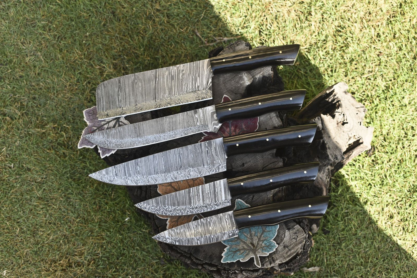 Rustic Twist Damascus Chef Knives | Hand Forged Lot of 5 with Hardwood Handles