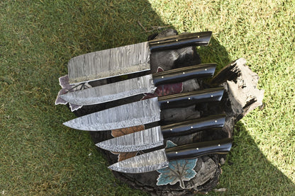 Rustic Twist Damascus Chef Knives | Hand Forged Lot of 5 with Hardwood Handles