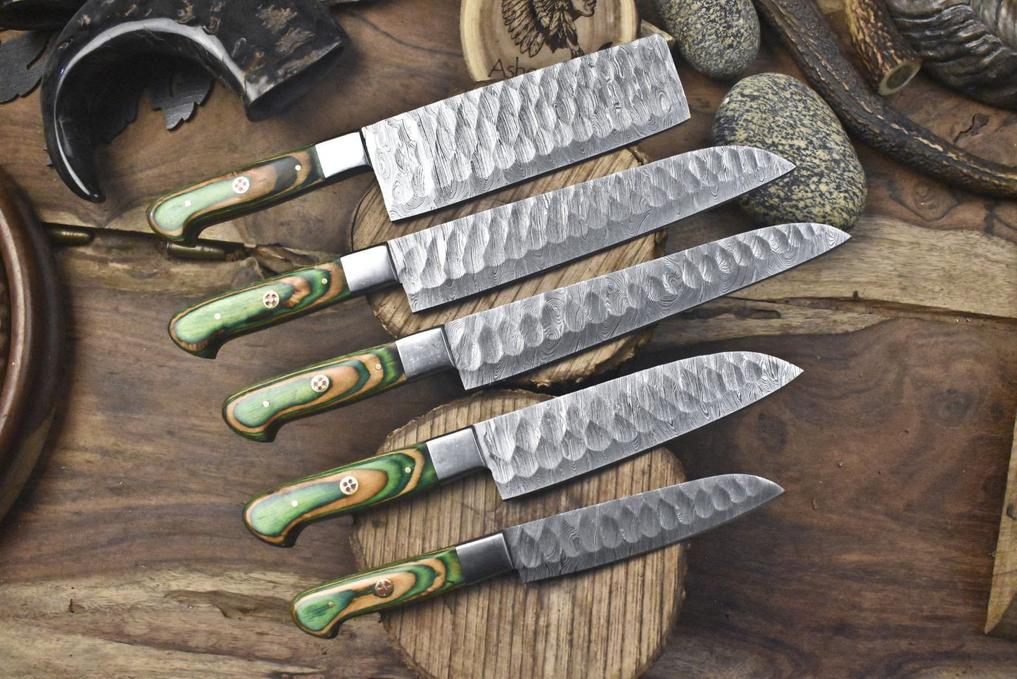 Twist Pattern Damascus Steel Knives | Set of 5 Handmade Hardwood Chef Blades