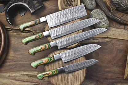 Twist Pattern Damascus Steel Knives | Set of 5 Handmade Hardwood Chef Blades