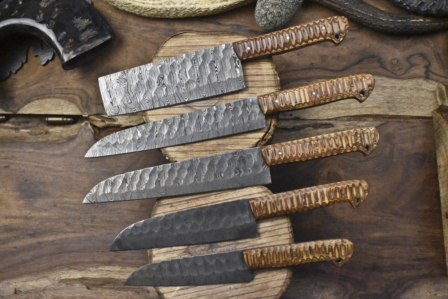 Handcrafted Twist Damascus Chef Knife Bundle | 5-Piece Hardwood Full Tang
