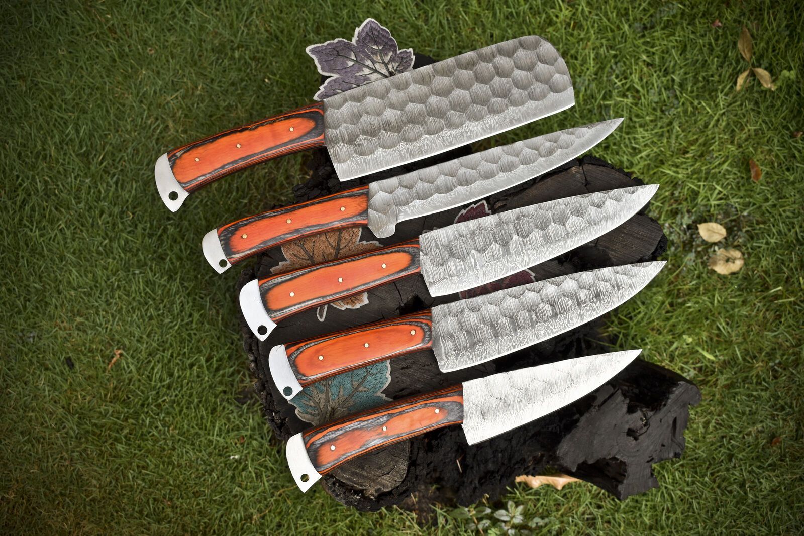 Set of 5 Forged Twist Damascus Chef Knives | Handmade Hardwood Handles