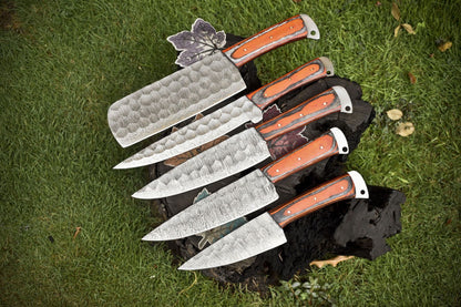 Set Of 5 Forged Twist Damascus Chef Knives  Handmade Hardwood Handles 0