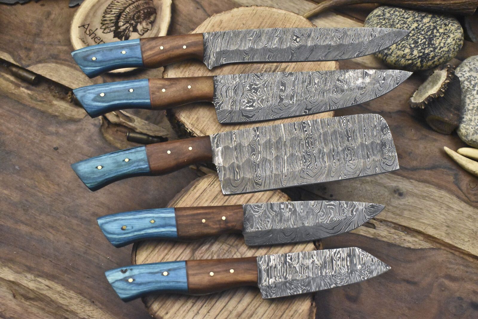 Premium Twist Damascus Kitchen Knives  Handmade Lot Of 5 Blades 2