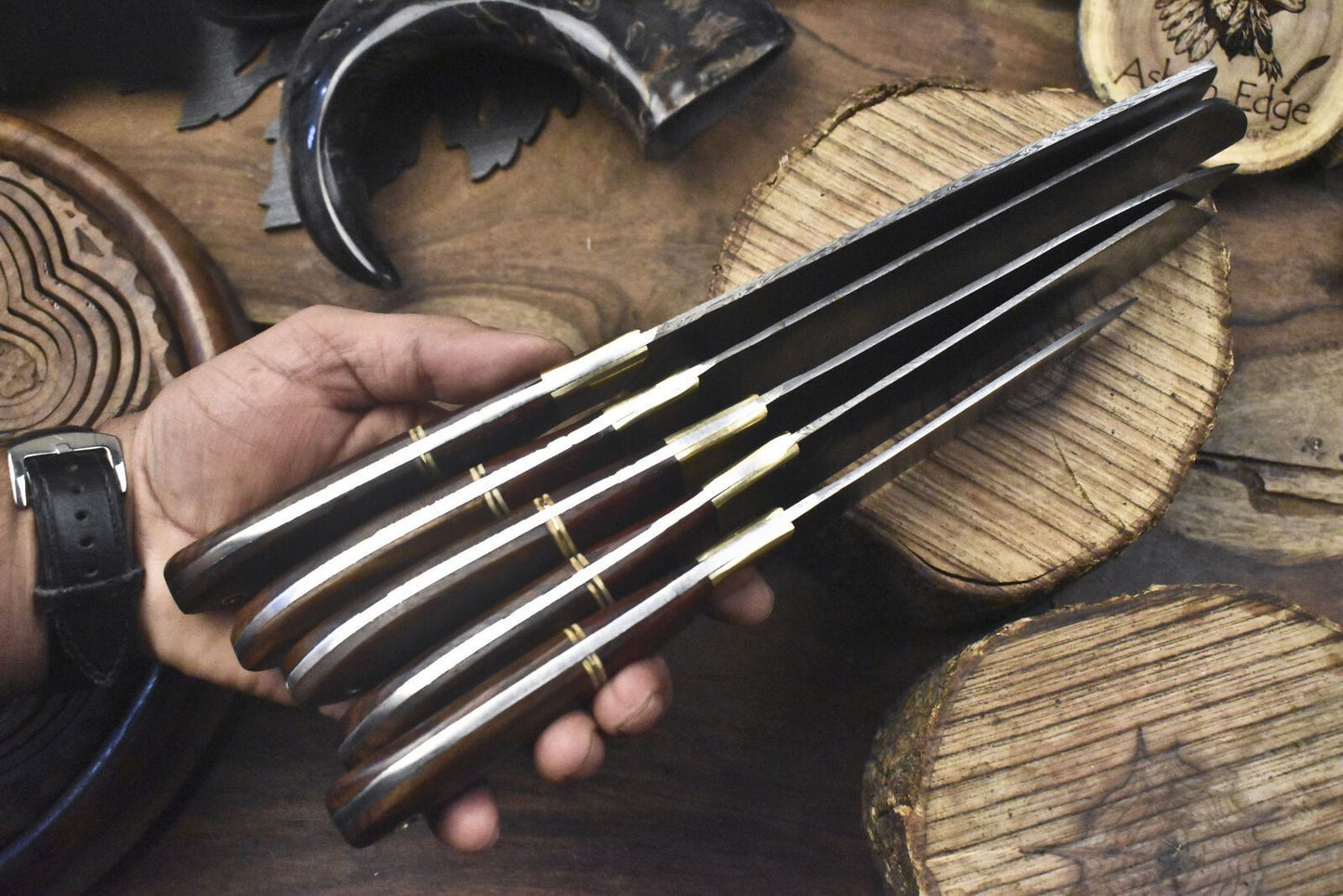 Lot Of 5 Handmade Twist Damascus Steel Chef Knives  Walnut Wood Handles  Brass Bolster  13 Kitchen  1