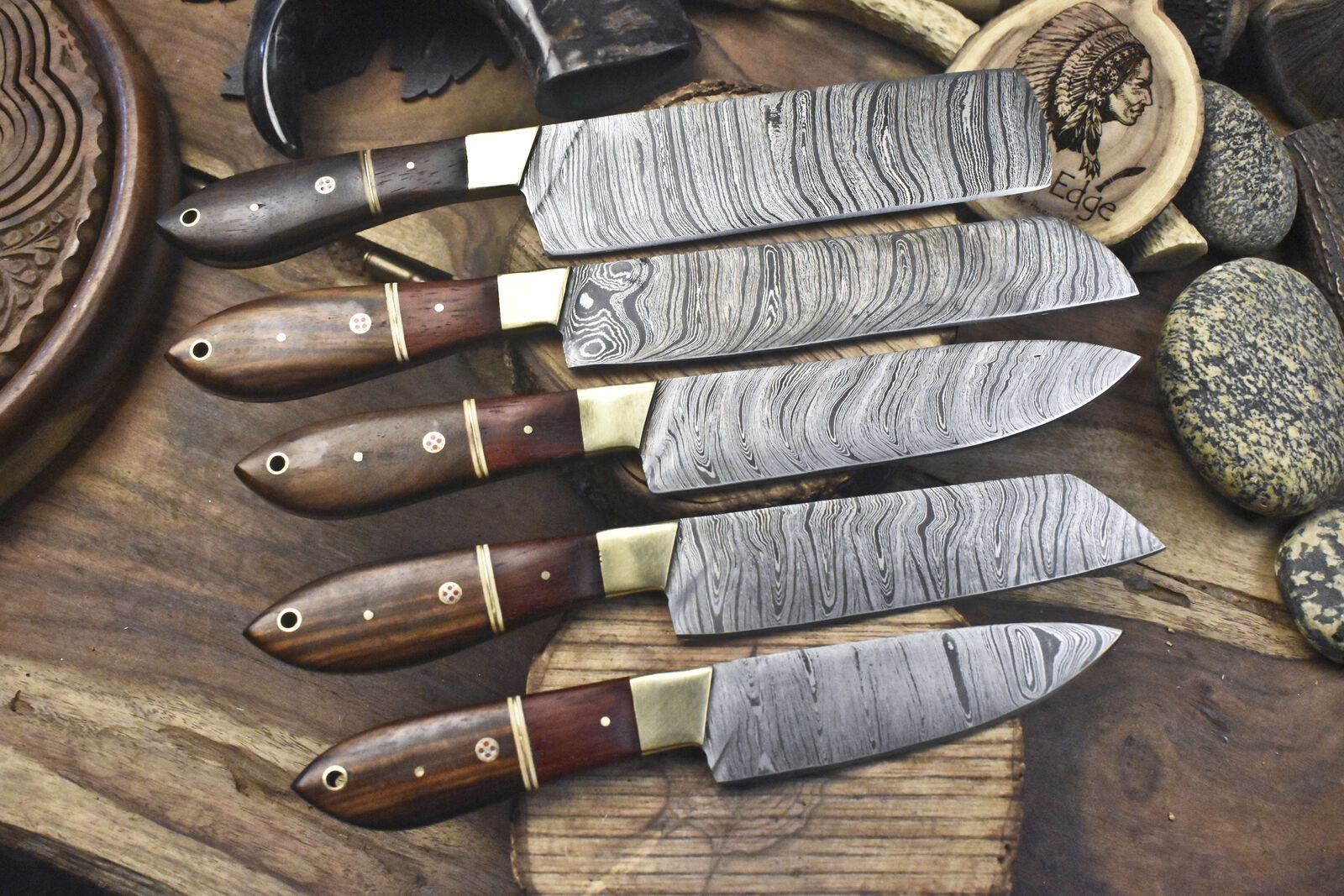 Lot Of 5 Handmade Twist Damascus Steel Chef Knives  Walnut Wood Handles  Brass Bolster  13 Kitchen  2