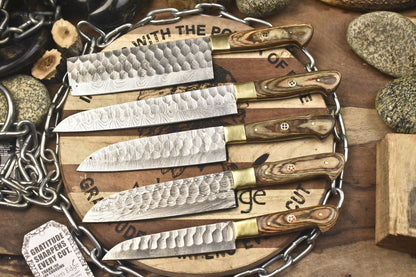 Traditional Forged Damascus Chef Knives | Walnut Handle Set of 5 Collectors