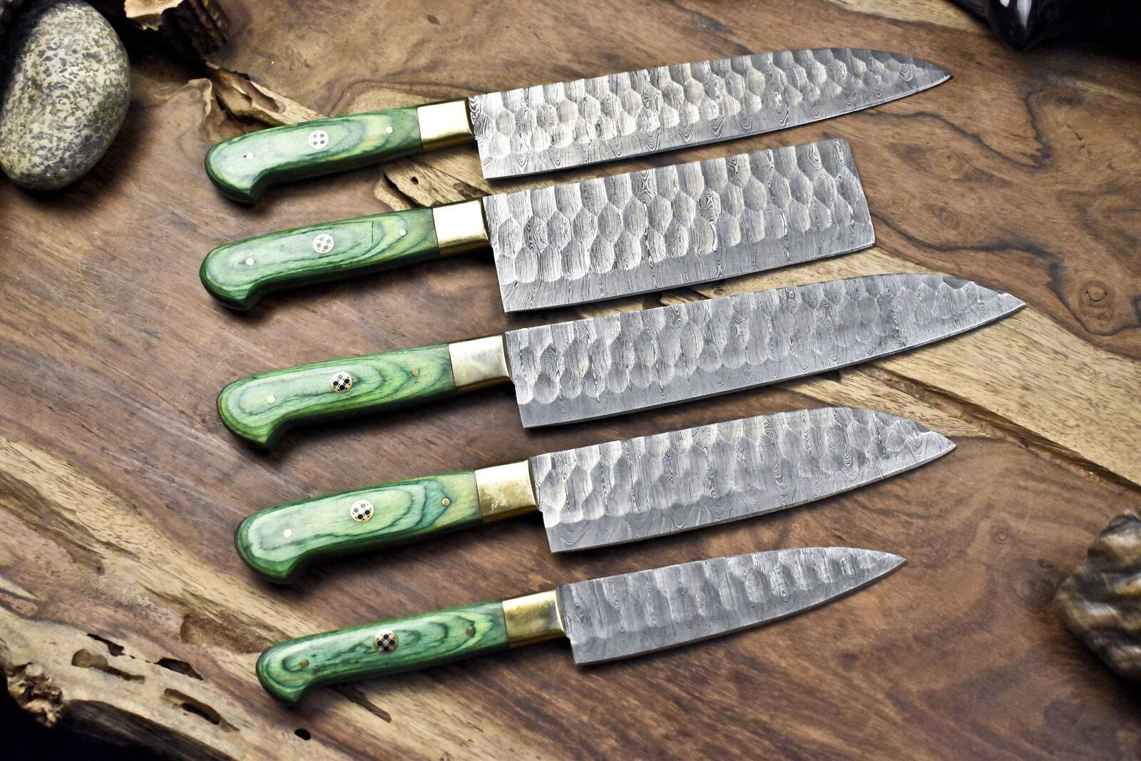 HighEnd Damascus Twist Chef Knives  5Piece Handmade Walnut Wood Set 2