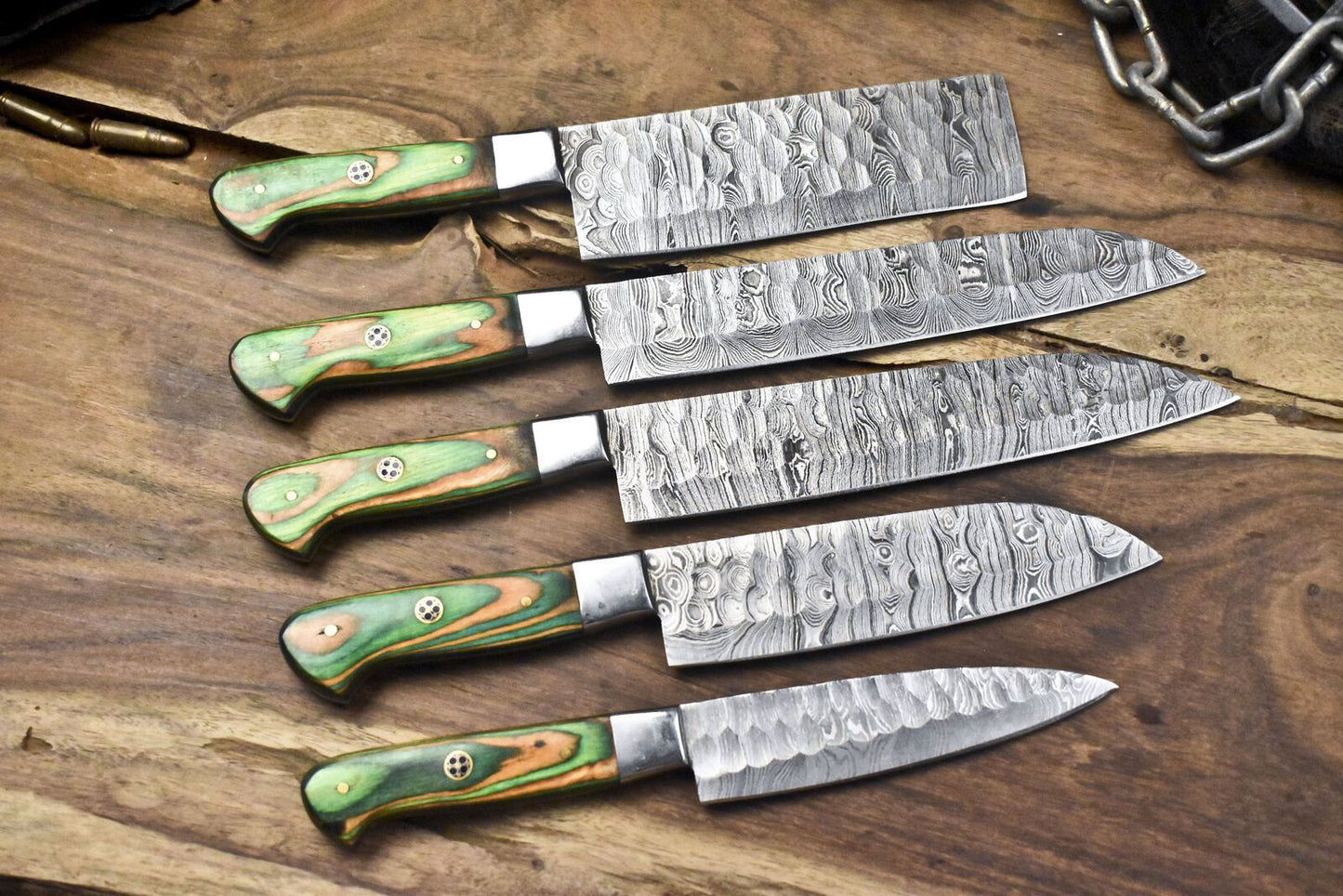 Custom 5Piece Damascus Chef Knife Collection  Twist Pattern With Walnut Wood 2