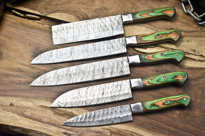 Custom 5-Piece Damascus Chef Knife Collection | Twist Pattern with Walnut Wood