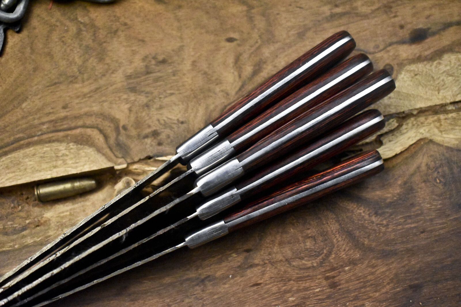 Lot Of 5 Damascus Twist Steel Knives  Walnut Handle Full Tang Chef Blades 1