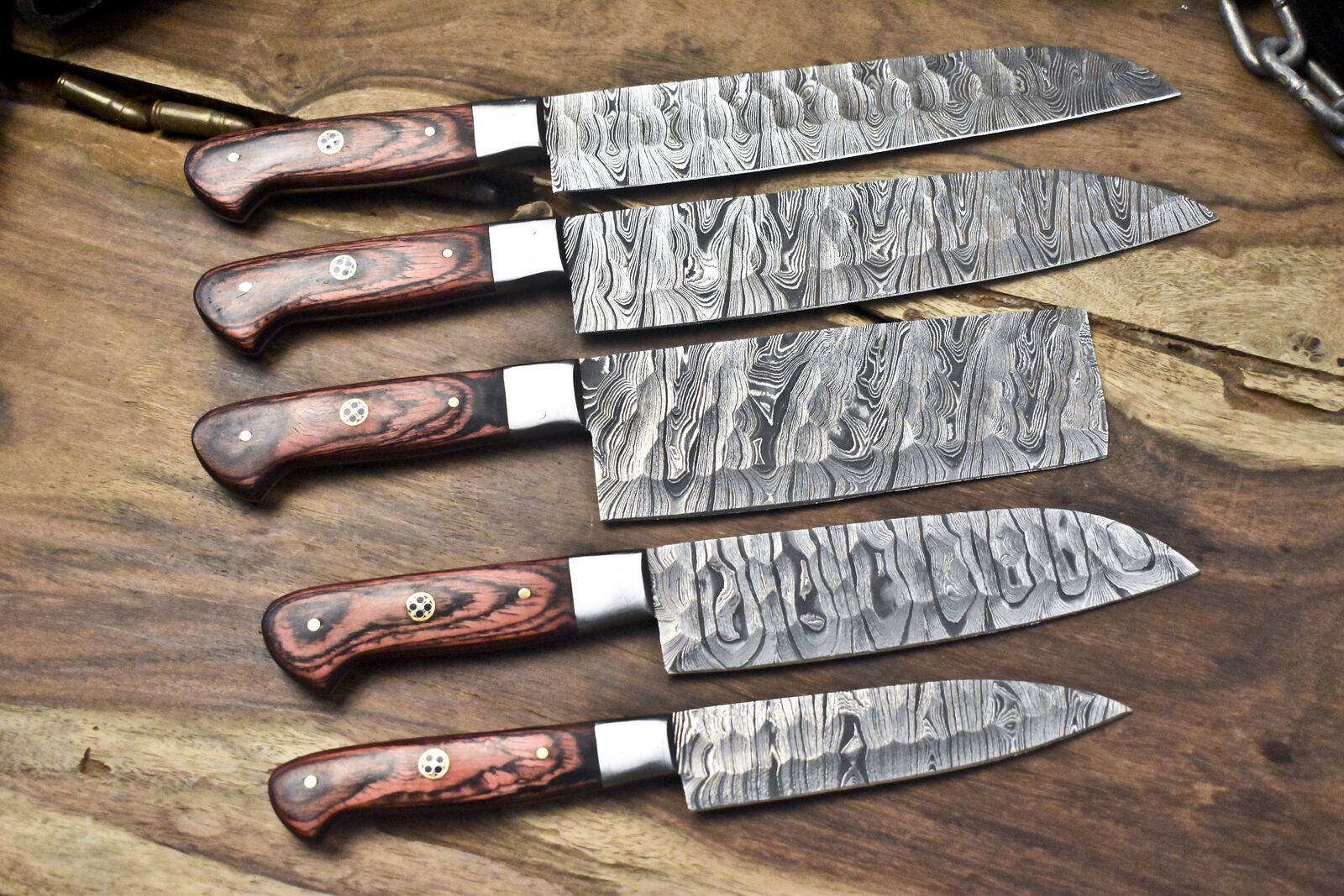 Lot Of 5 Damascus Twist Steel Knives  Walnut Handle Full Tang Chef Blades 2