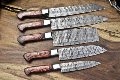 Lot Of 5 Damascus Twist Steel Knives  Walnut Handle Full Tang Chef Blades 2