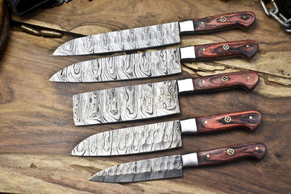 Lot of 5 Damascus Twist Steel Knives | Walnut Handle Full Tang Chef Blades