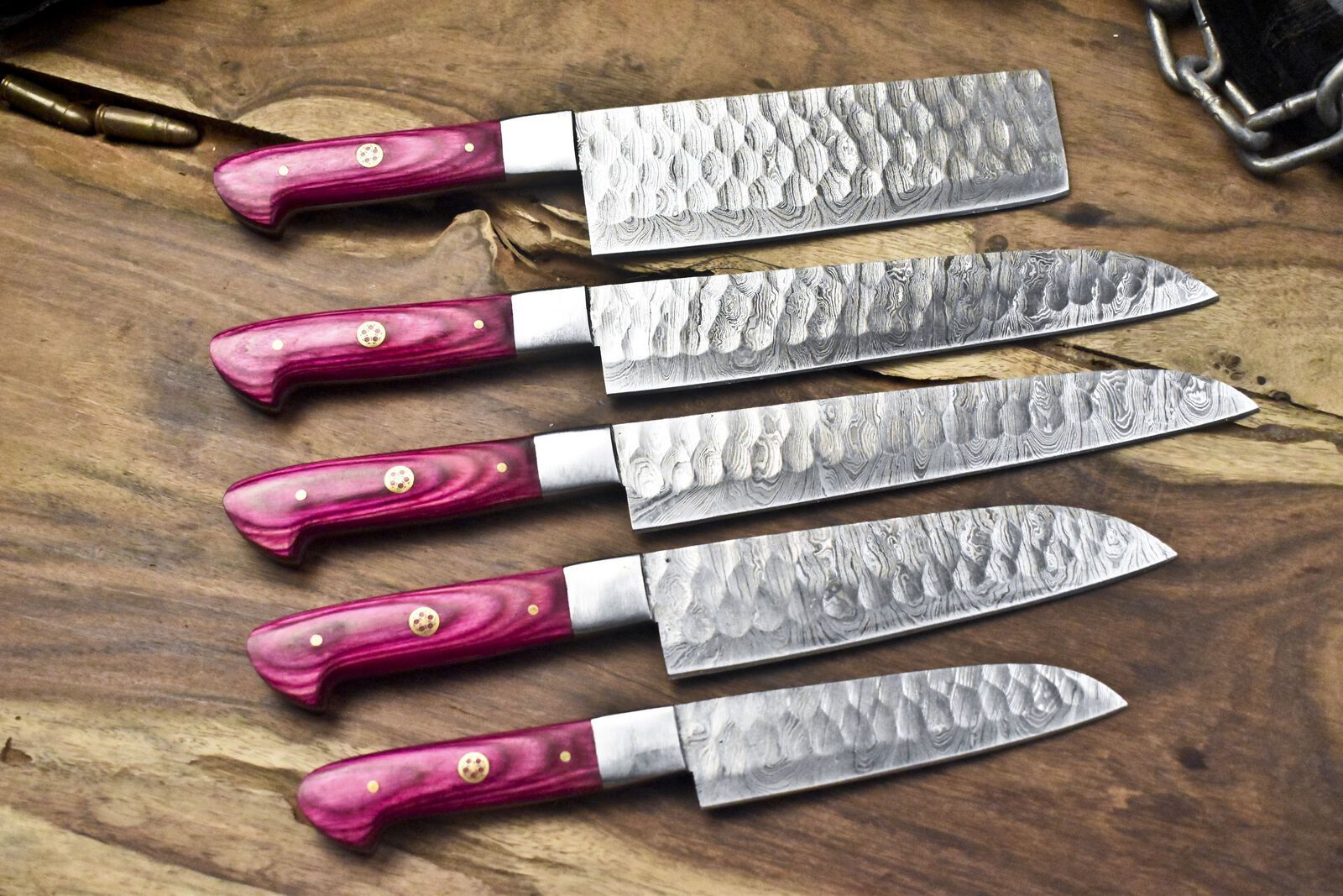 Handcrafted Twist Damascus Steel Knives  5Piece Walnut Wood Chef Set 1
