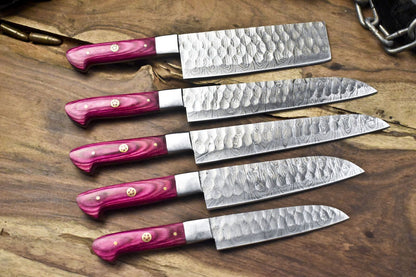 Handcrafted Twist Damascus Steel Knives  5Piece Walnut Wood Chef Set 1