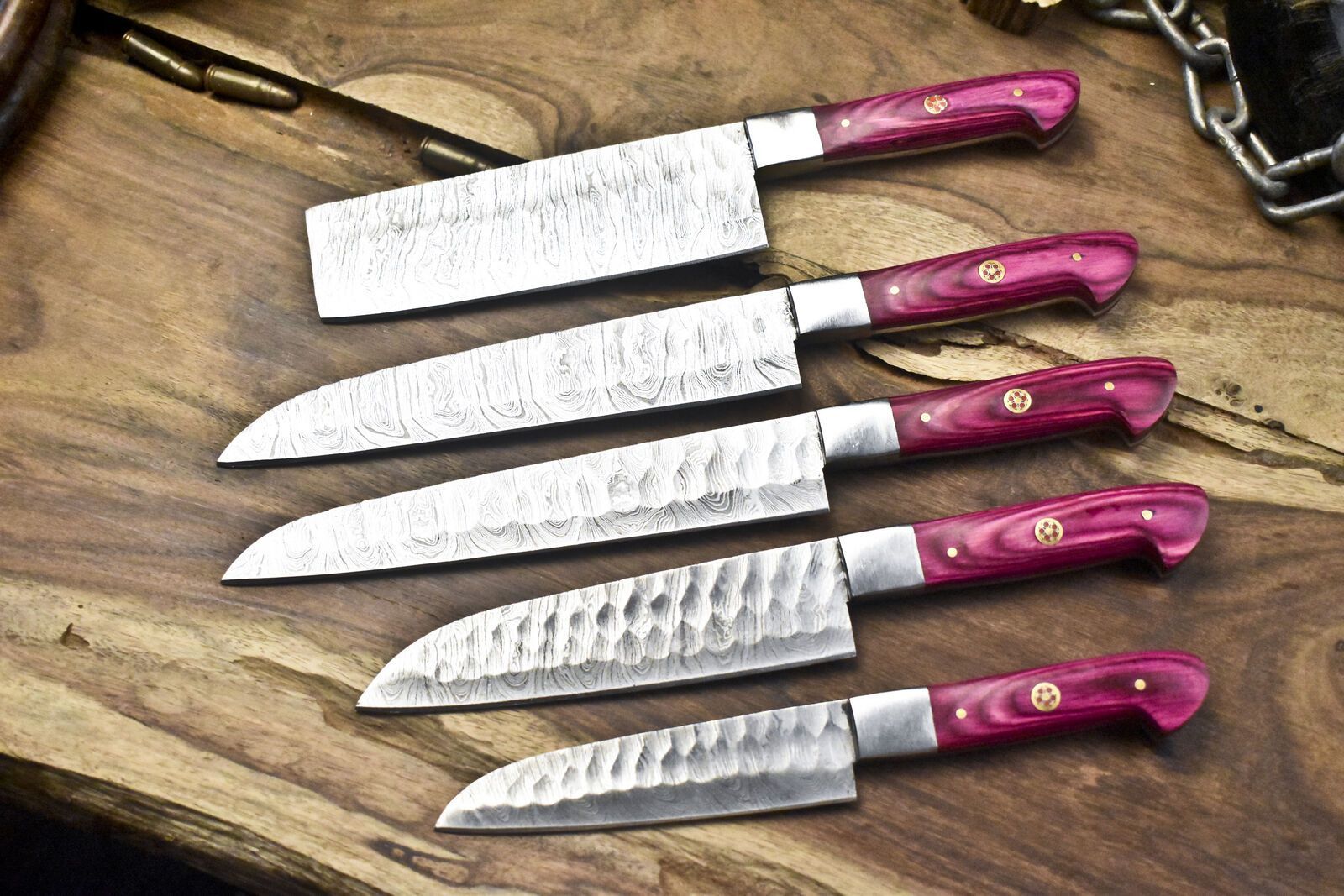 Handcrafted Twist Damascus Steel Knives | 5-Piece Walnut Wood Chef Set